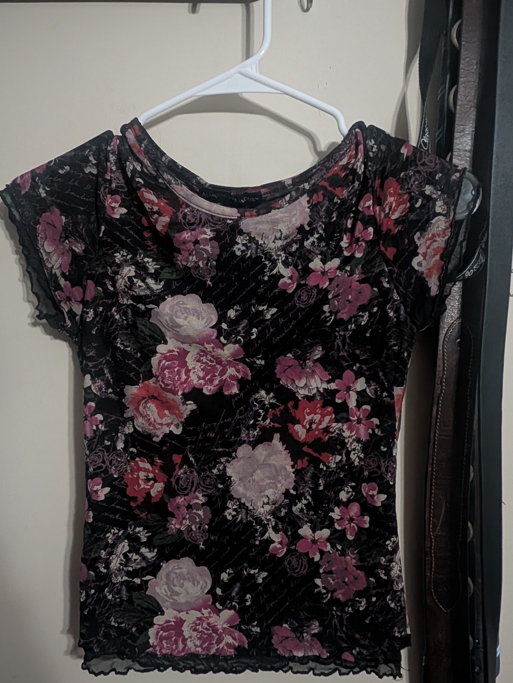Almost Famous Black Floral Mesh Short Sleeve Top with Pink Accents